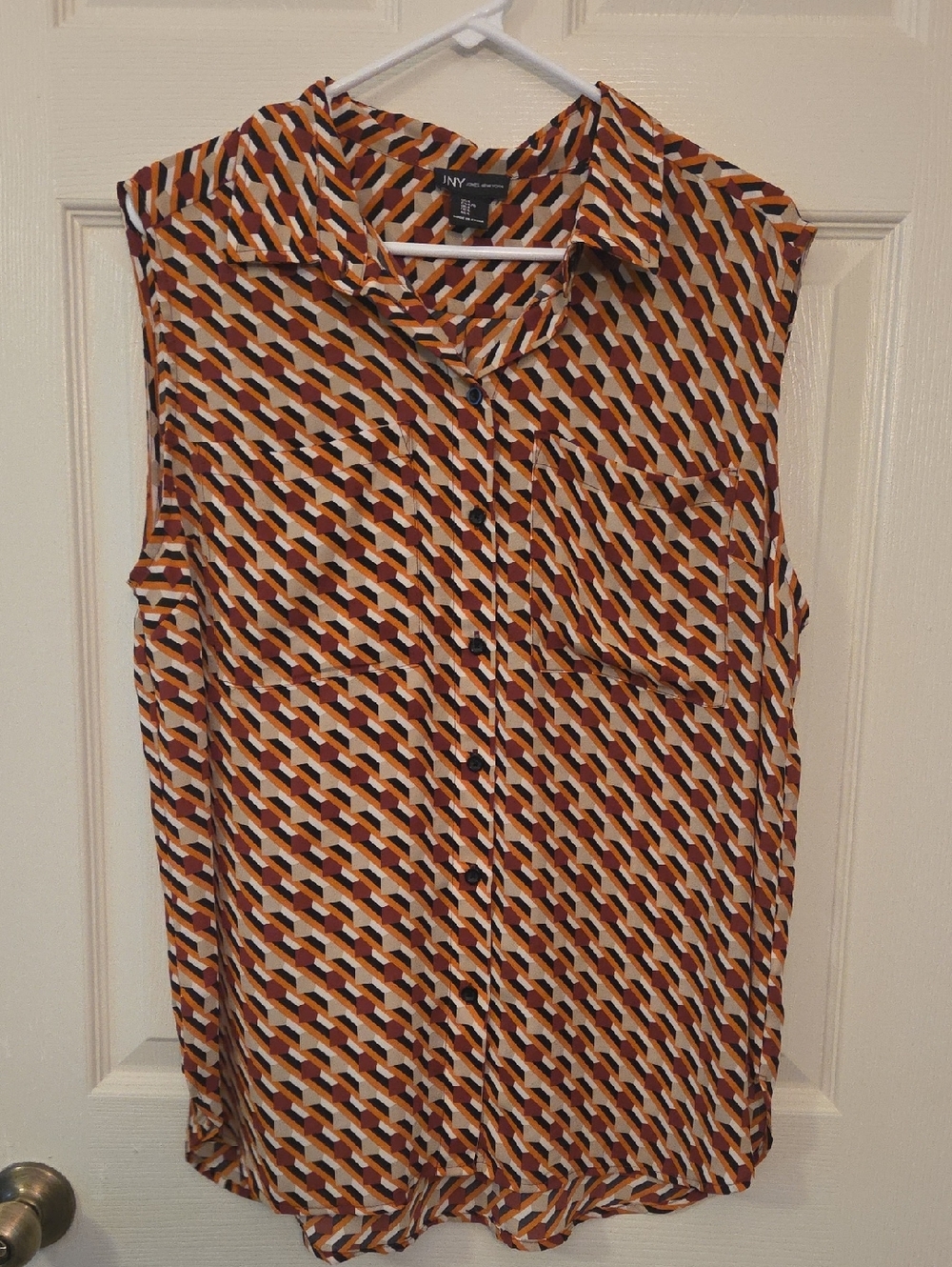 Jones New York Sleeveless Button-Front Geometric Print Top - Orange Size Large